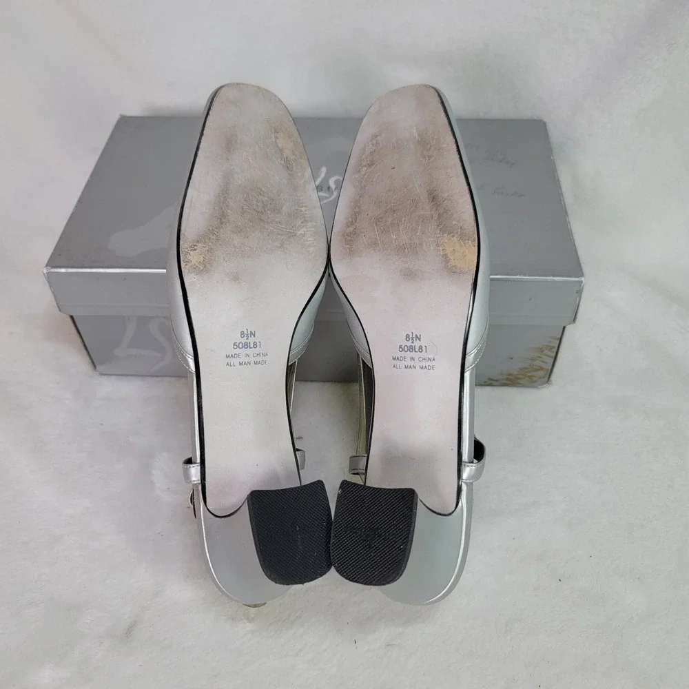 Life Stride Metallic Silver‎ Formal Heels Comfy Slingback Square Toe Size 8.5 N